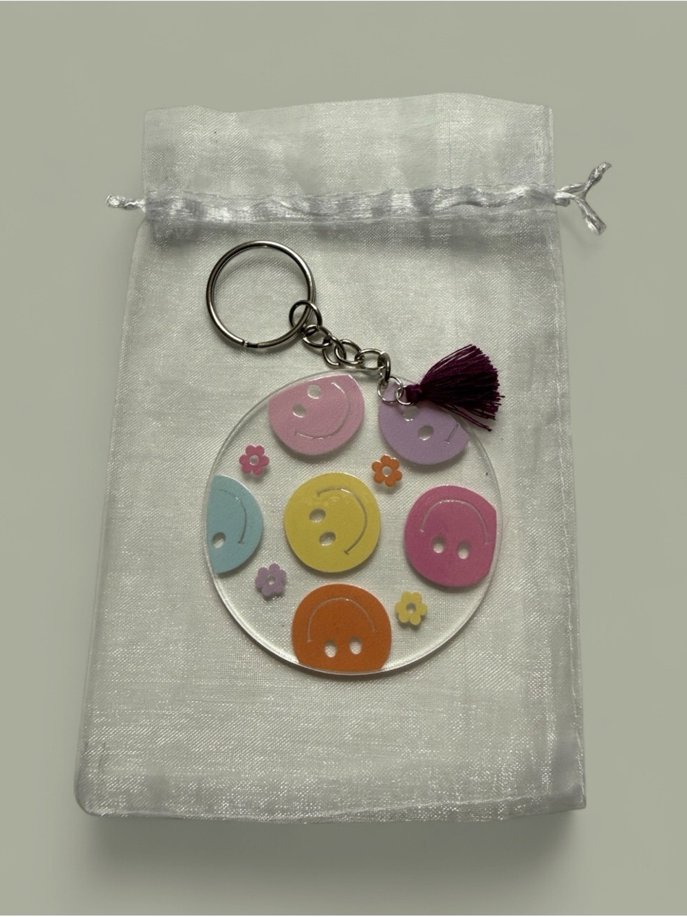 Acrylic Smiley Button Keychain with Tassel - Multicolor
